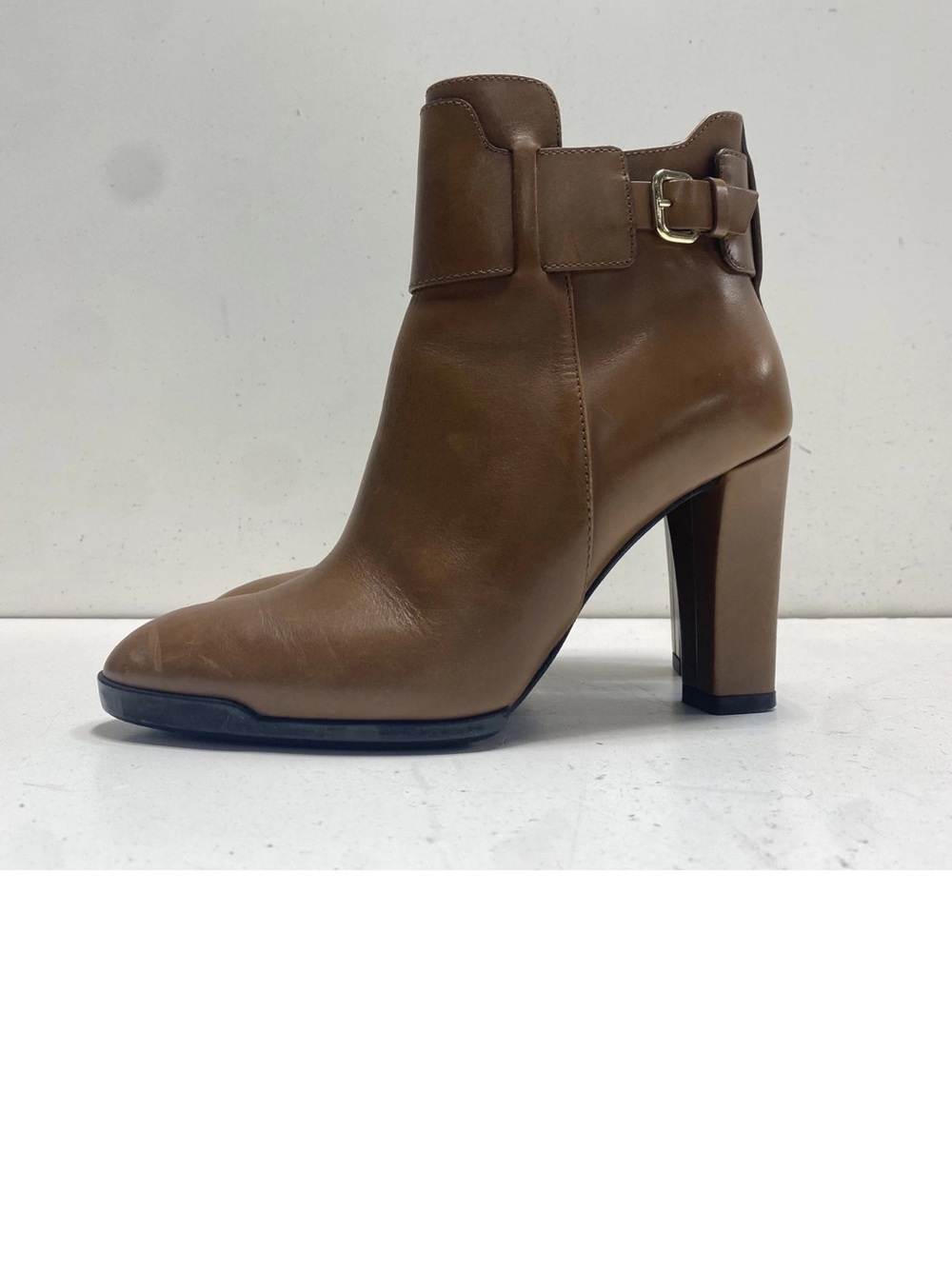 Tod's Tan Brown Leather Buckle Strap Block Heel Ankle Boots Women's Size 35